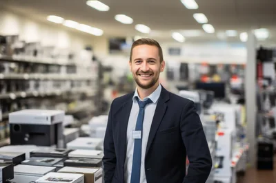 Professional Sales Associate Standing In Electronics Retail Store