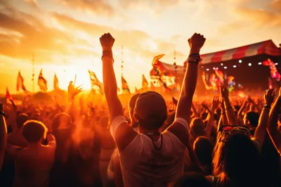 Crowd Celebrating At An Outdoor Music Festival At Sunset