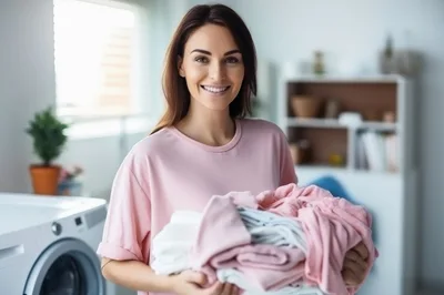 Smiling Woman Holding Laundry In A Bright Home Laundry Room