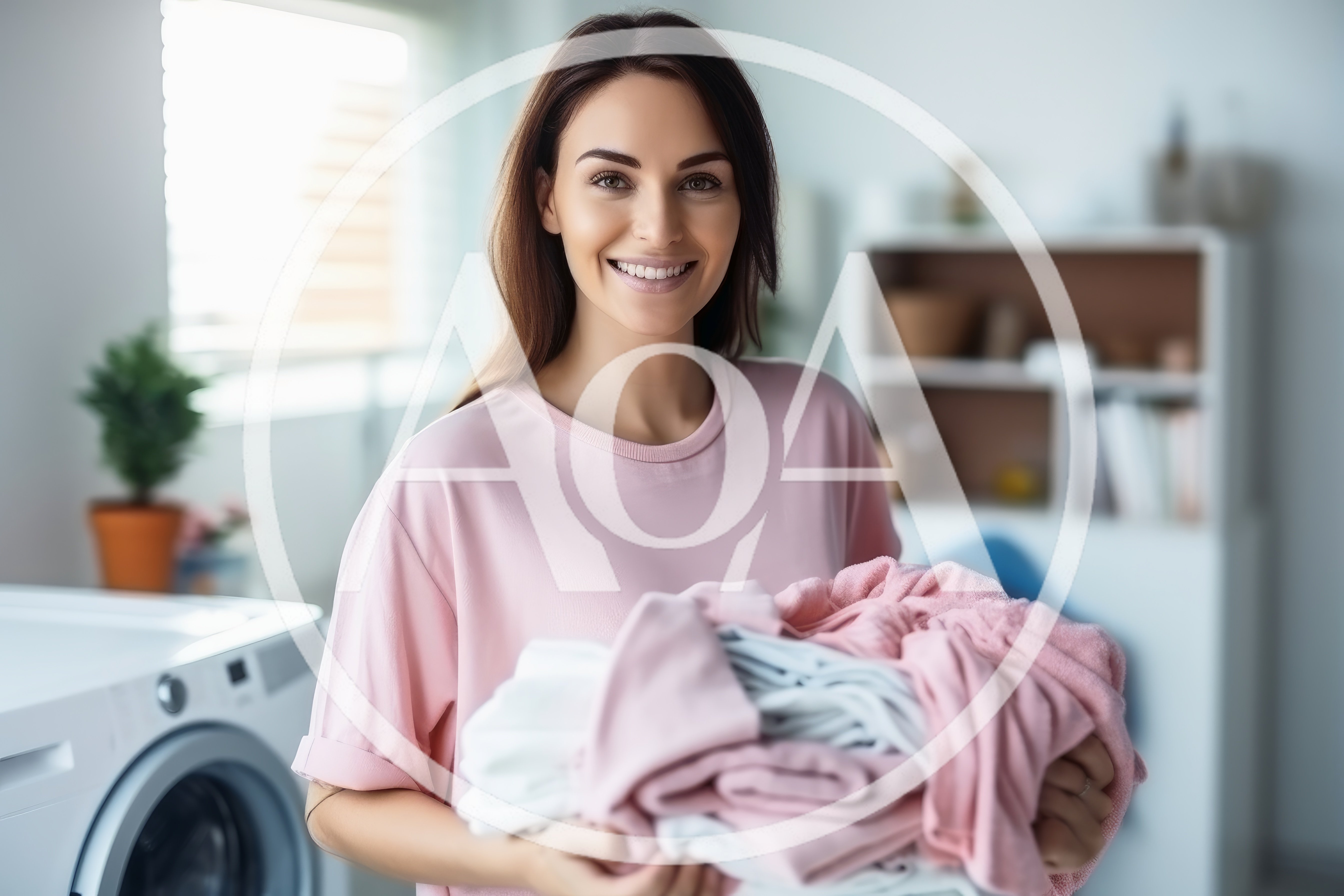 Smiling Woman Holding Laundry In A Bright Home Laundry Room