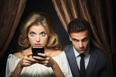 Surprised Woman Looking At Smartphone With Suspicious Man