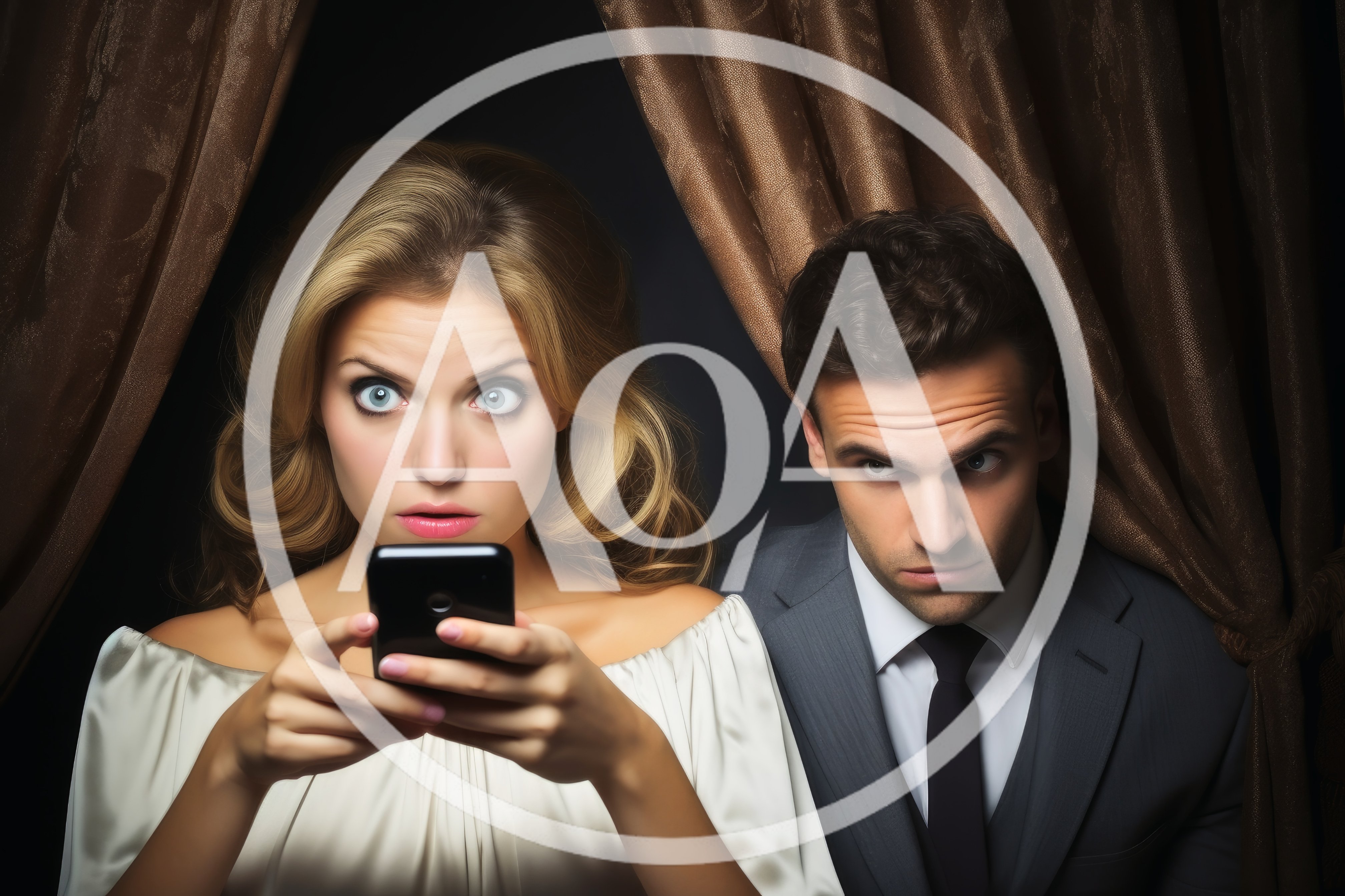 Surprised Woman Looking At Smartphone With Suspicious Man
