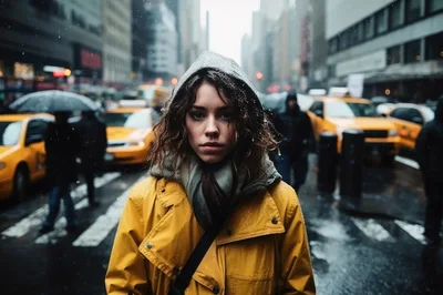 Young Woman Standing In Rainy New York City Street