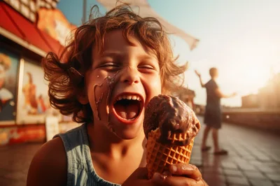 Happy Child Eating Melting Chocolate Ice Cream