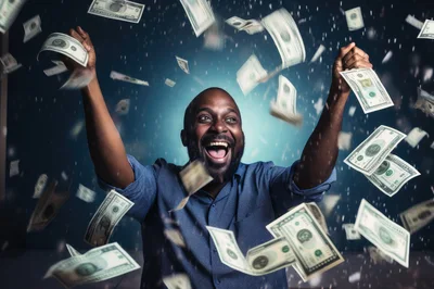 Excited Man Celebrating Success With Falling Money