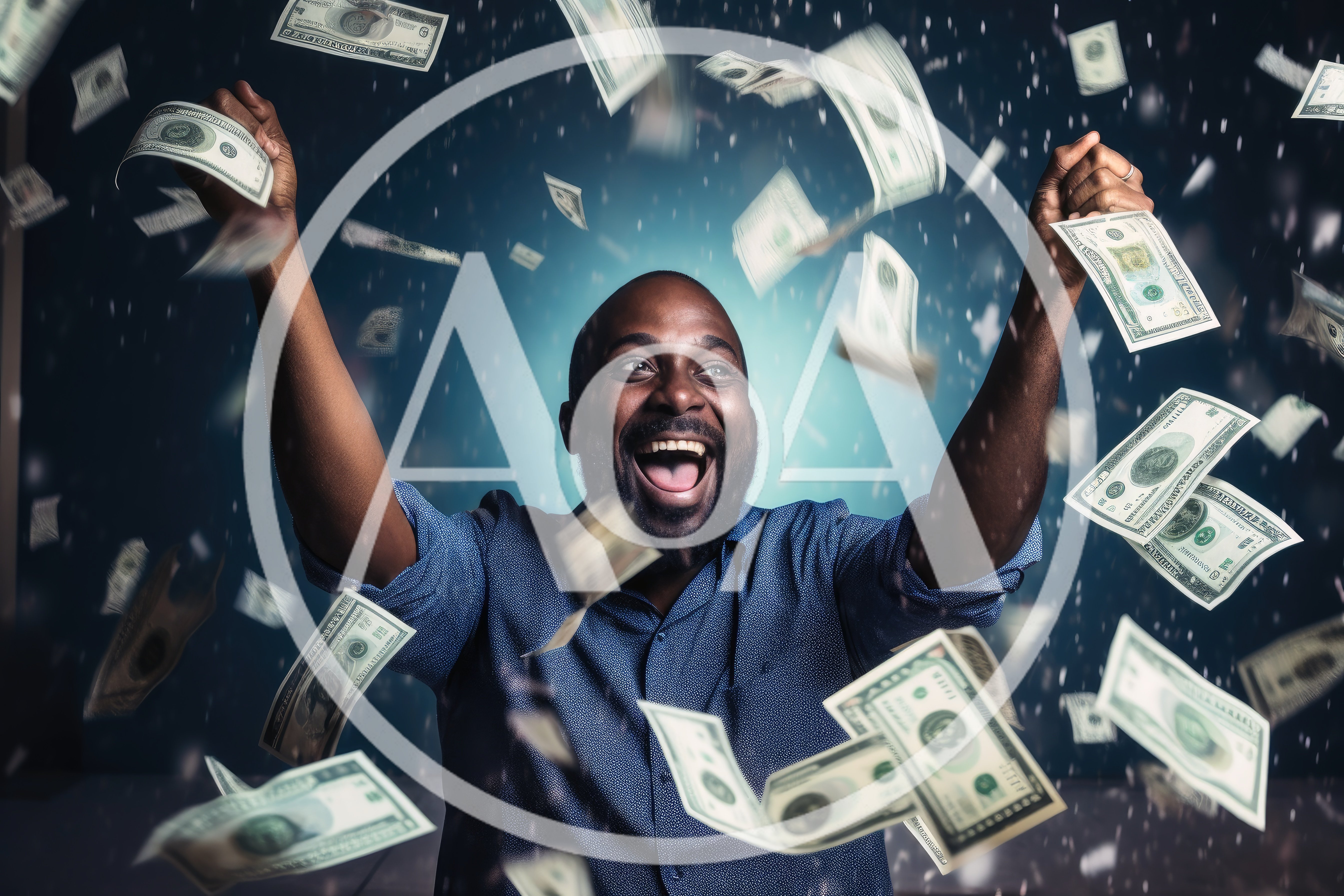 Excited Man Celebrating Success With Falling Money