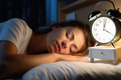 Young Woman Sleeping Peacefully Beside An Illuminated Alarm Clock