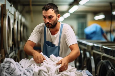 Laundry Worker Sorting White Linens In Industrial Facility
