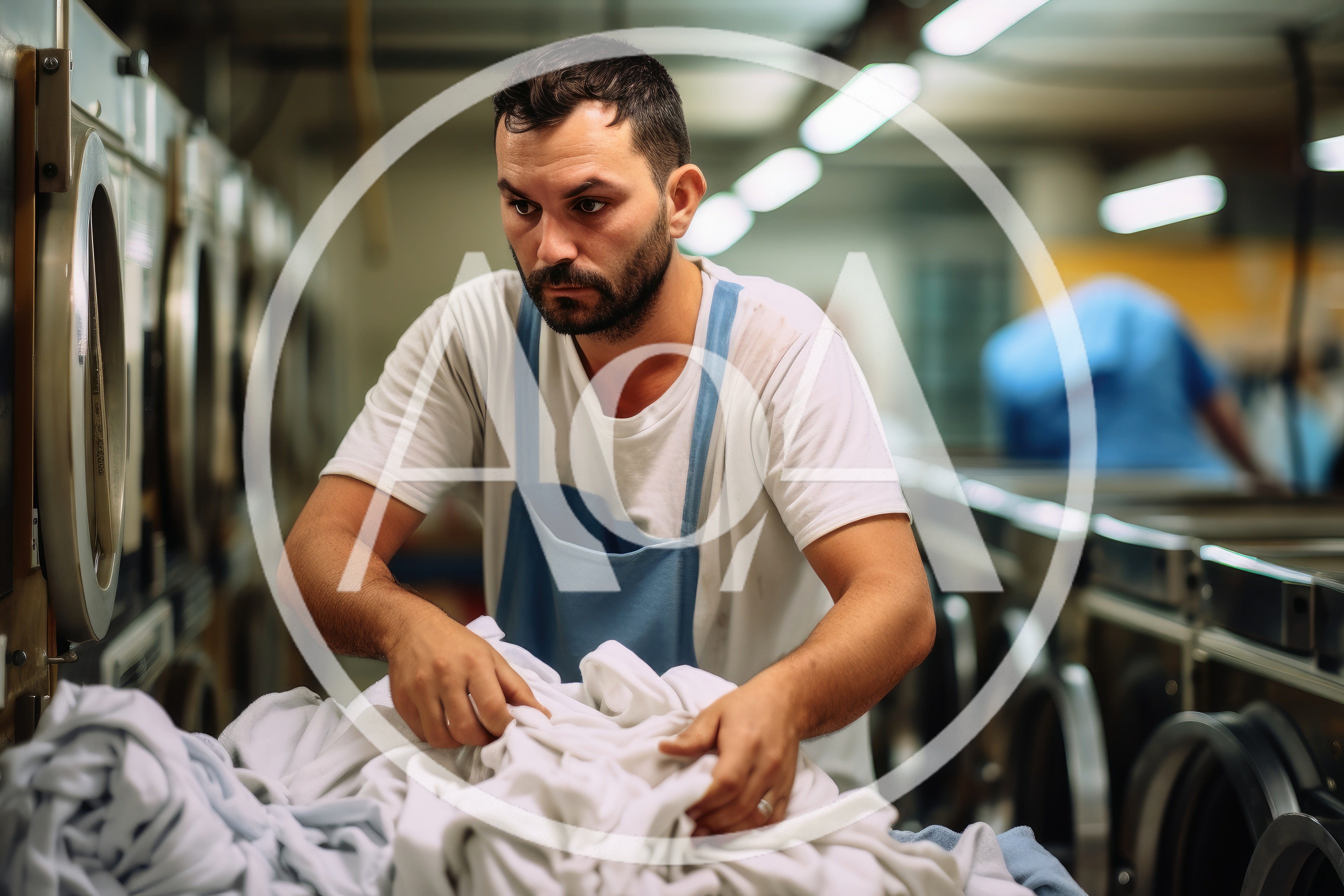 Laundry Worker Sorting White Linens In Industrial Facility