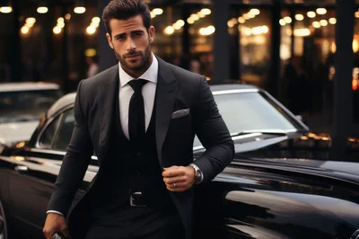 Sophisticated Businessman Leaning Against A Luxury Black Car