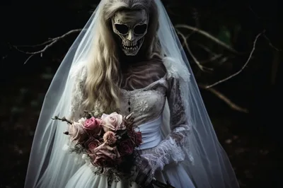 Eerie Skeleton Bride Holding A Floral Bouquet