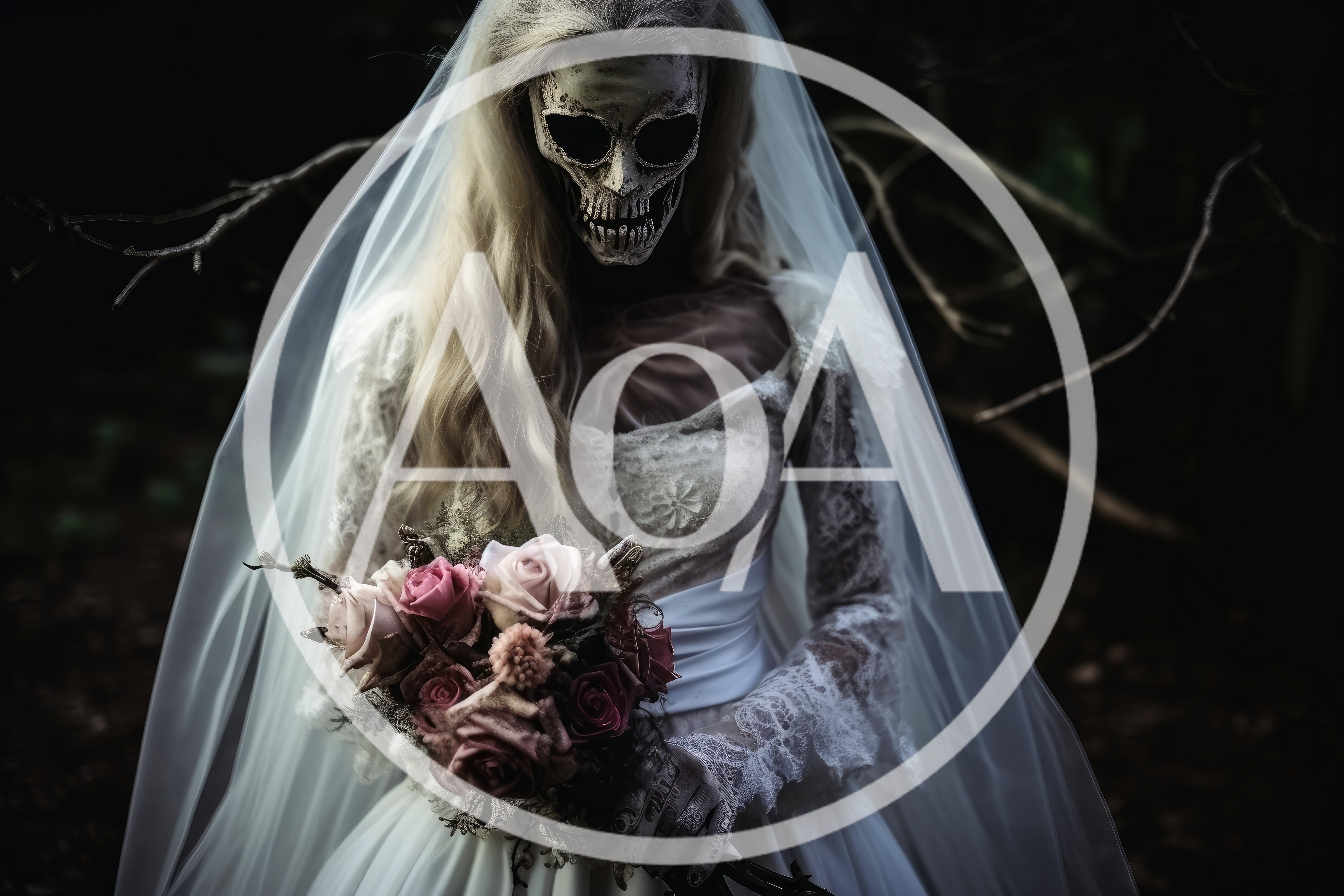 Eerie Skeleton Bride Holding A Floral Bouquet