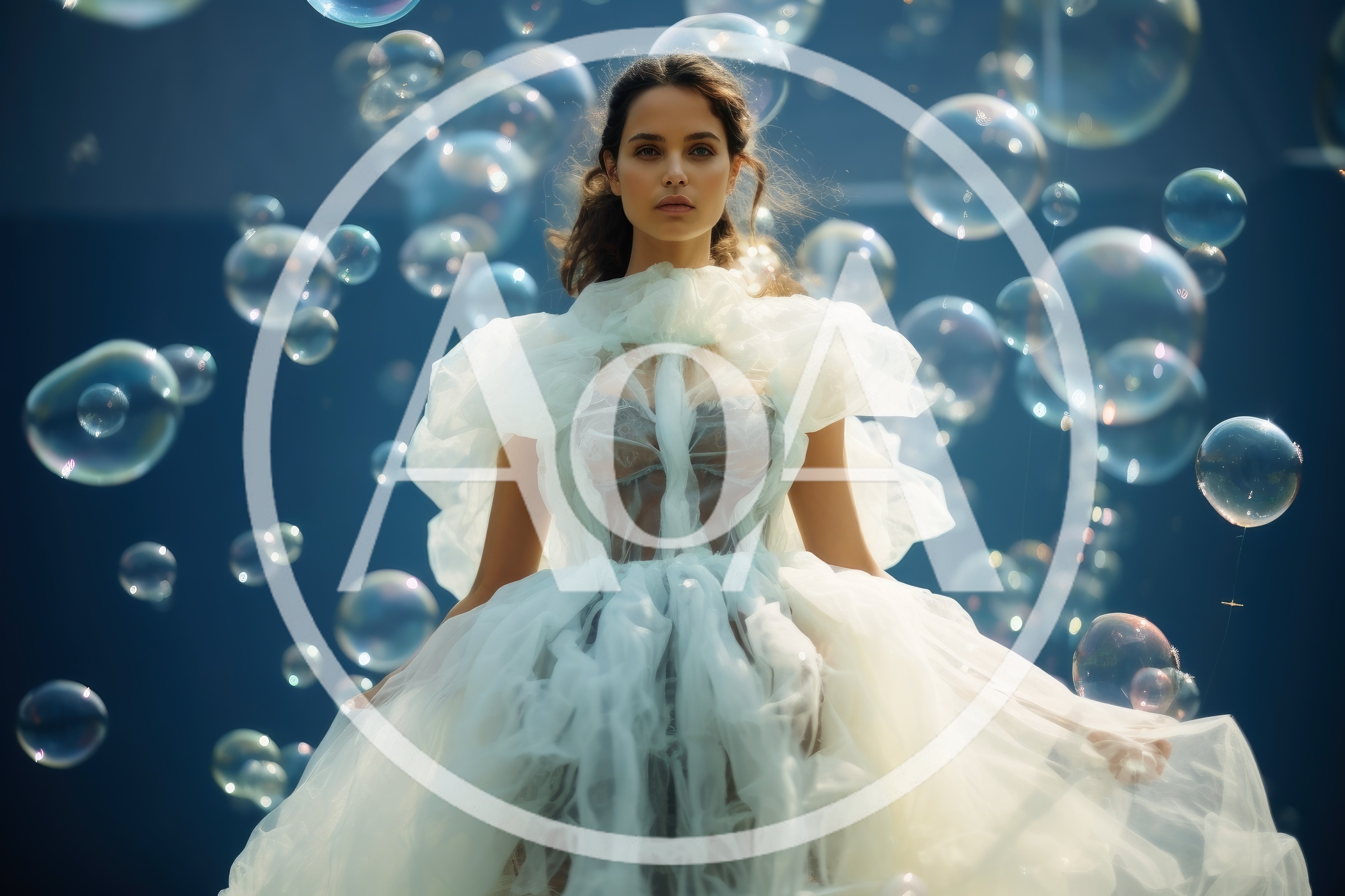 Woman in Ethereal White Dress Surrounded by Floating Bubbles