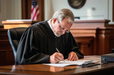 Judge Signing Legal Documents In A Courtroom