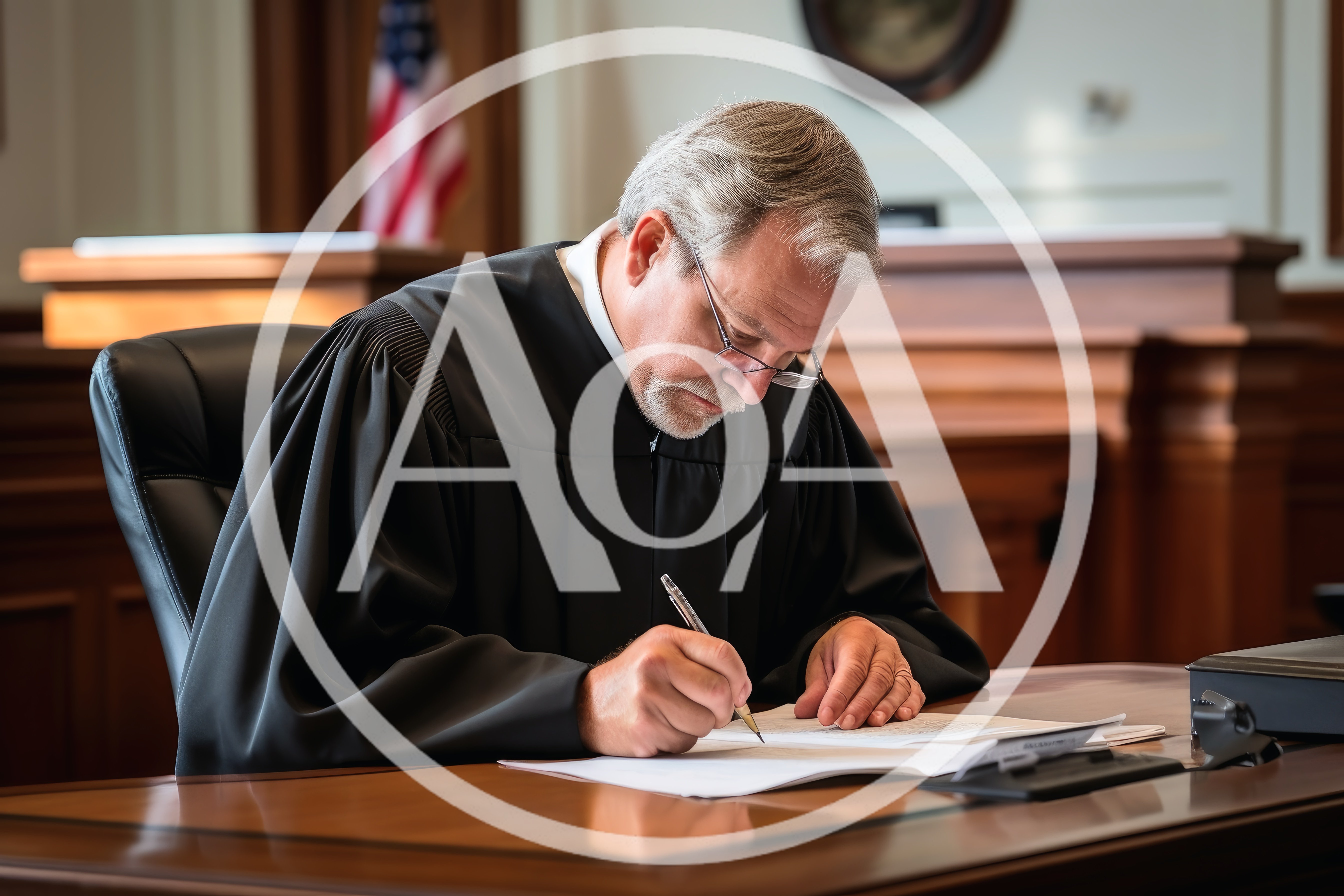 Judge Signing Legal Documents In A Courtroom