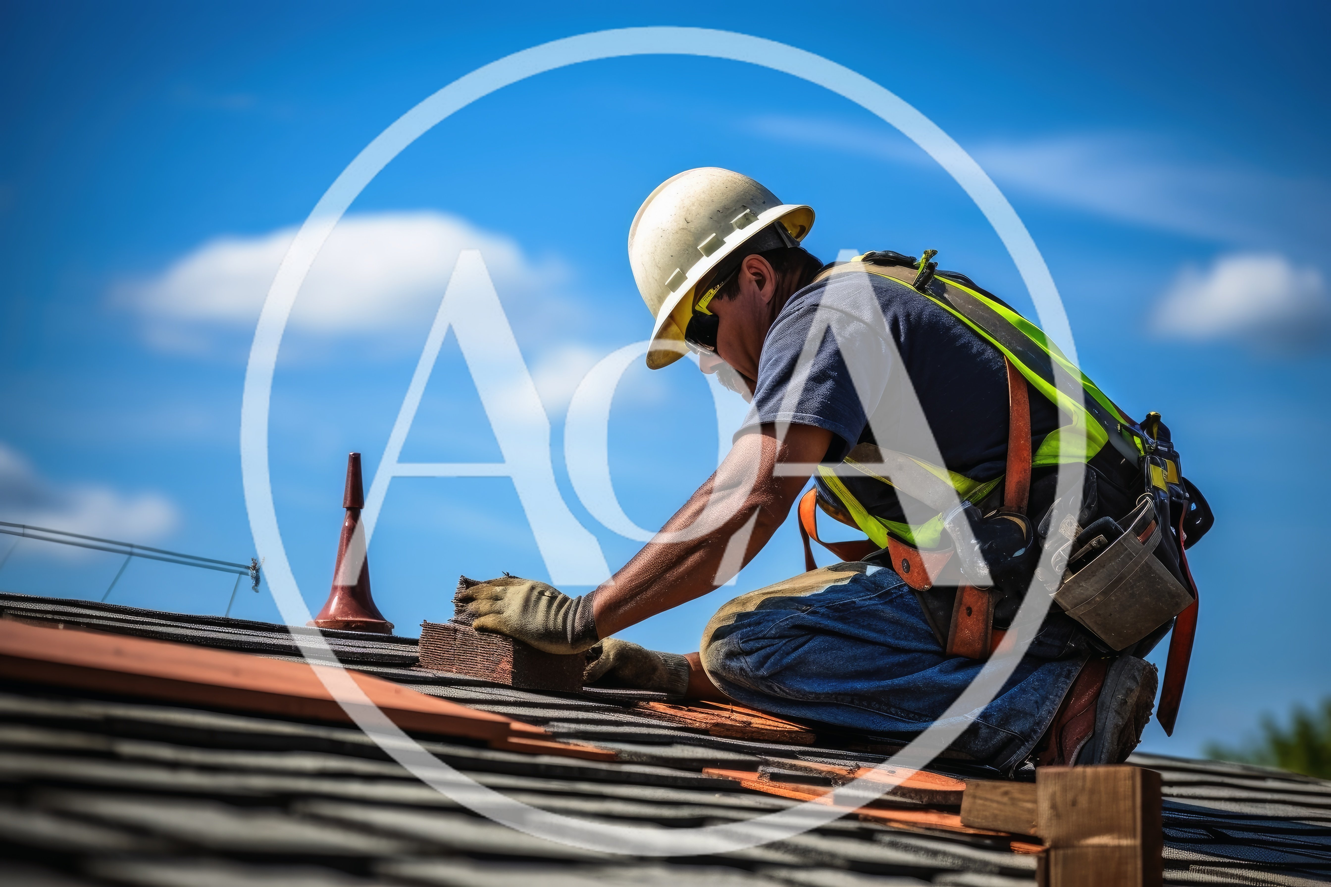 Construction Worker Installing Asphalt Shingles On Residential Roof