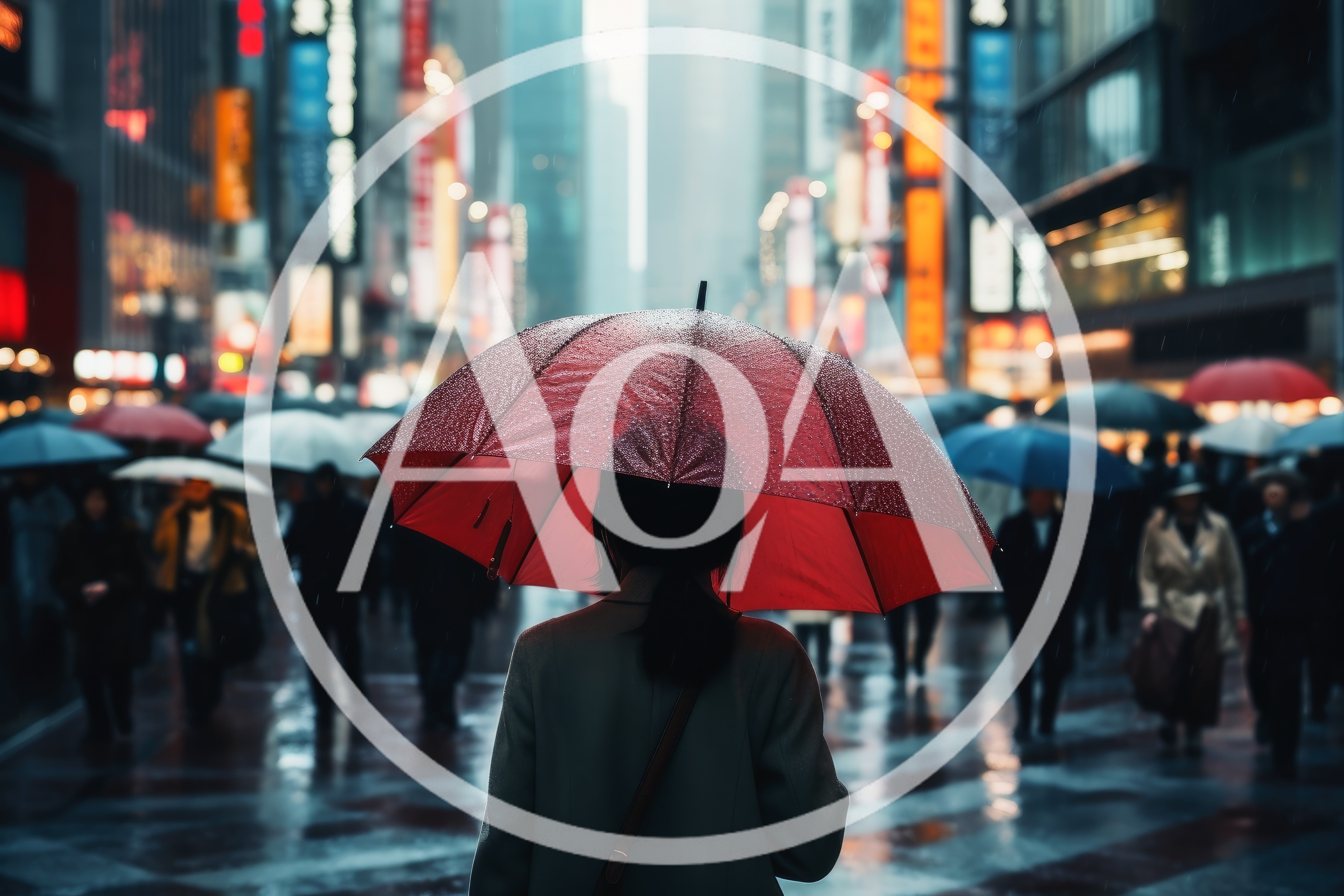 Person Walking With Red Umbrella In Rainy City