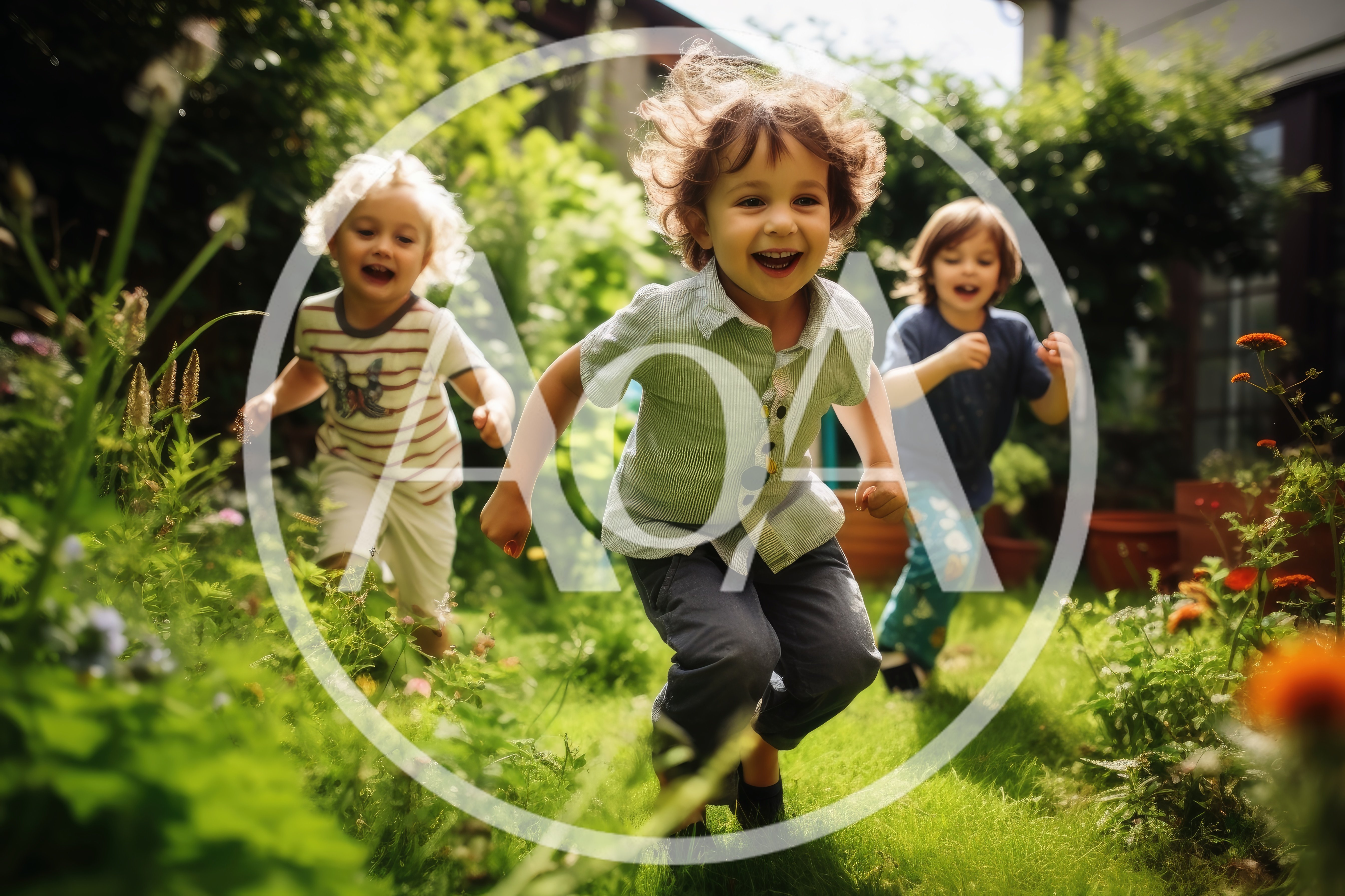 Three Happy Children Running Through A Sunny Garden