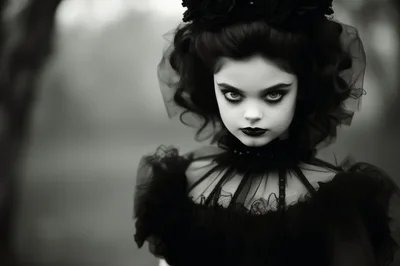 Gothic Girl With Dark Makeup In Black Lace Dress