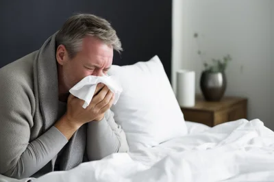 Sick Man Blowing Nose In Bed