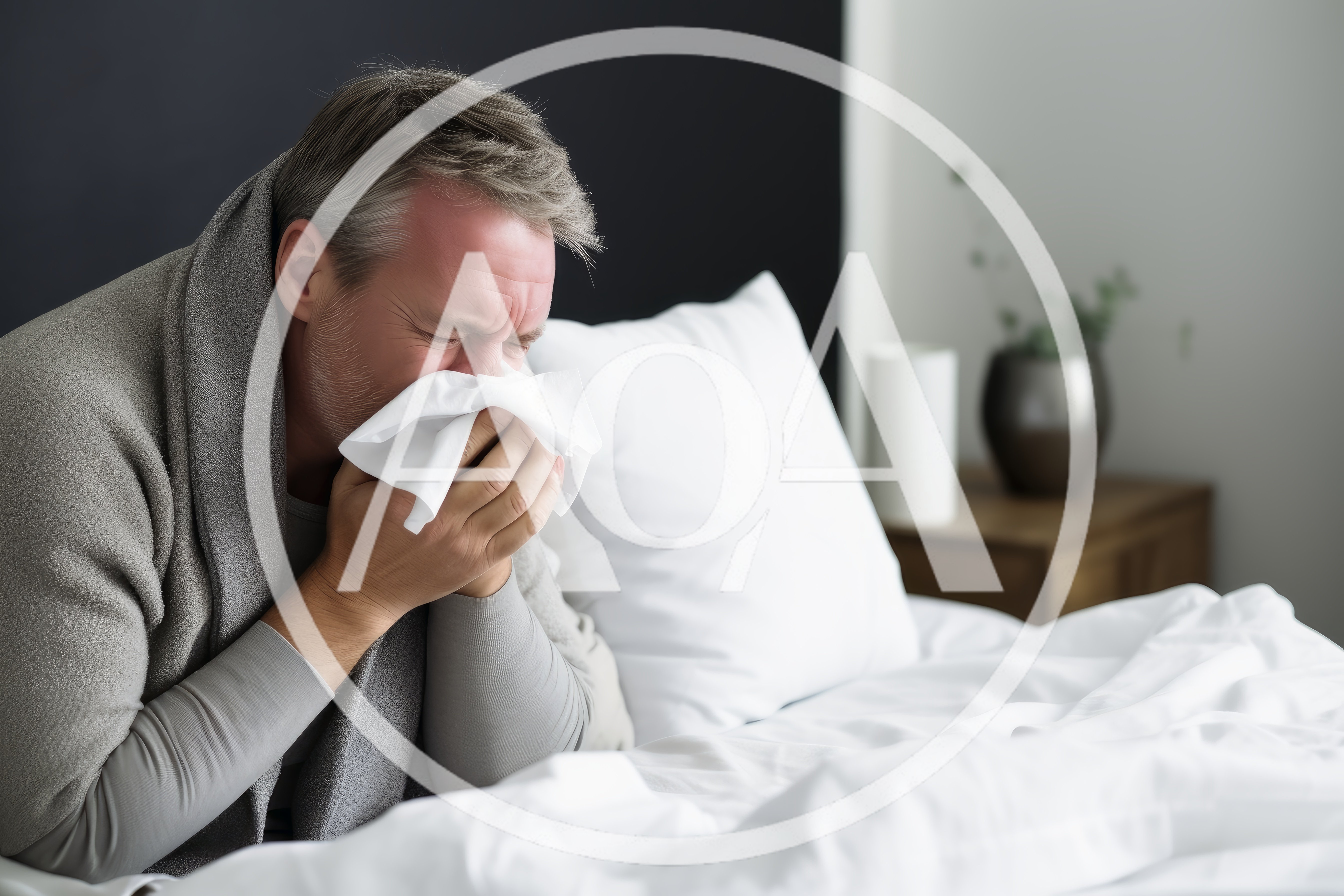 Sick Man Blowing Nose In Bed