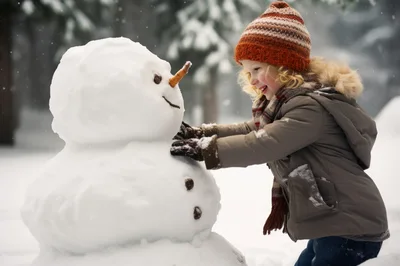 Young Girl Building A Snowman In Winter