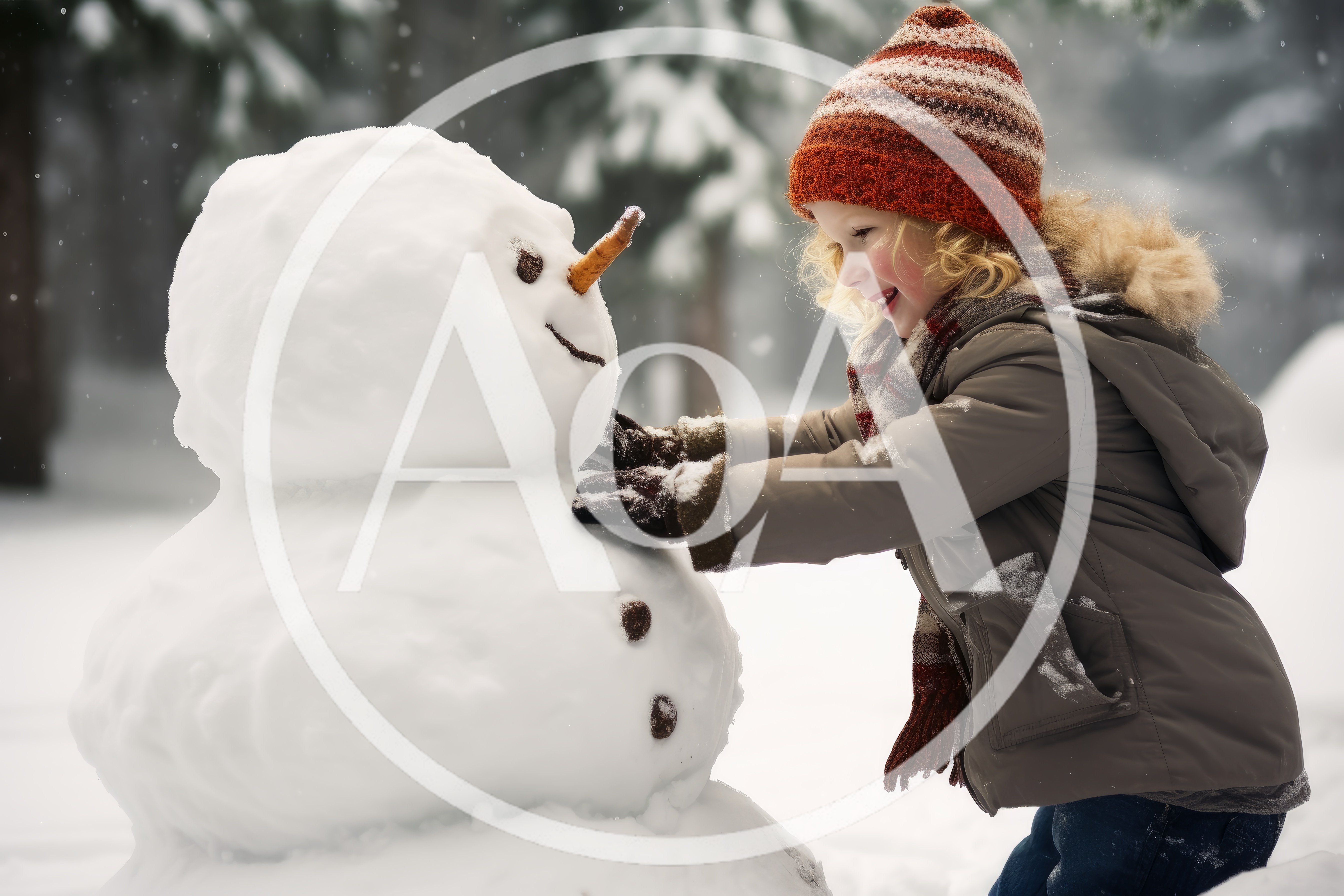 Young Girl Building A Snowman In Winter
