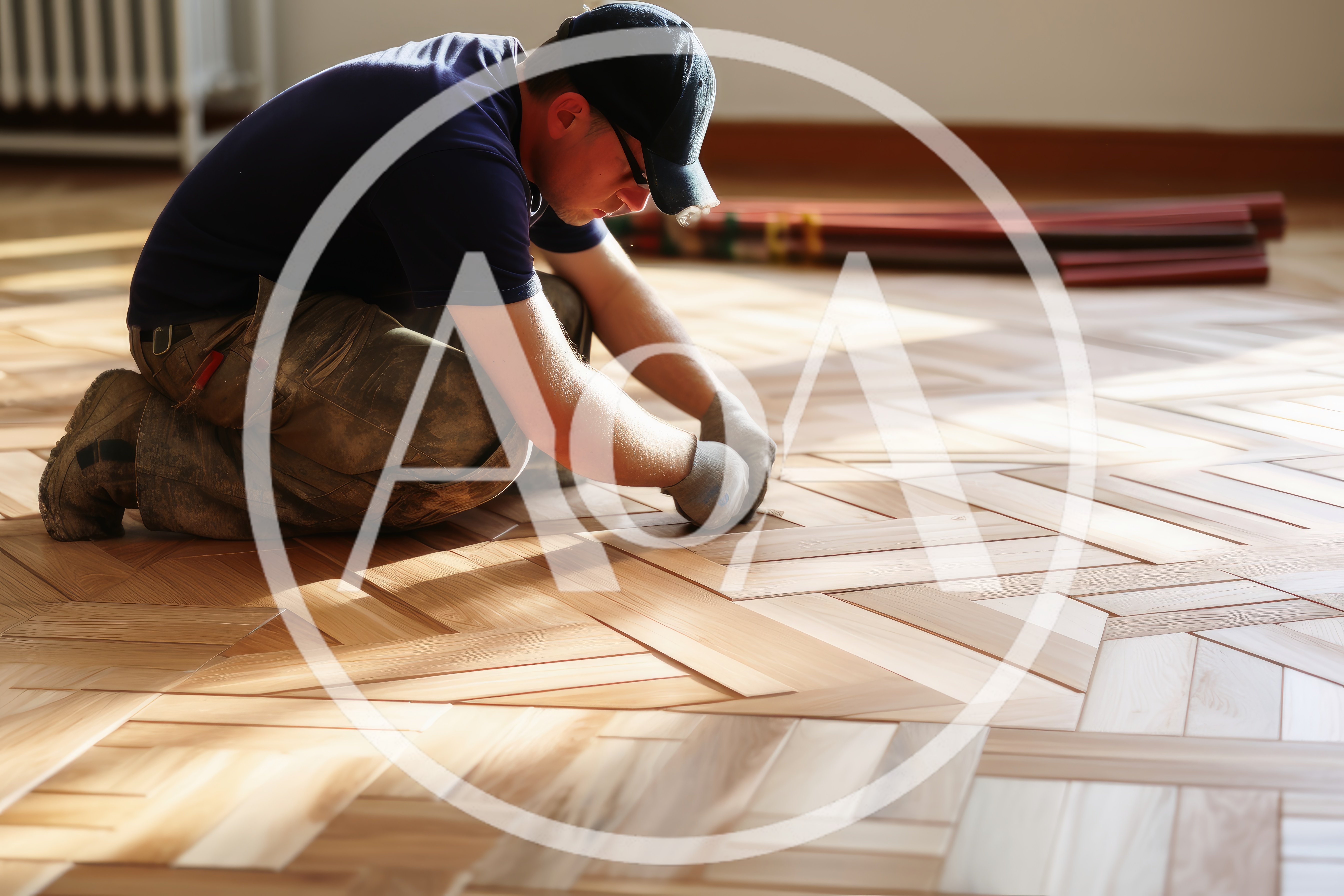 Professional Carpenter Installing Herringbone Hardwood Flooring