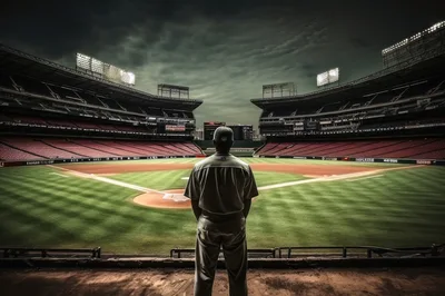 Baseball Player Standing Alone In A Large Stadium