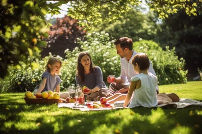 Family Enjoying A Sunny Picnic In A Lush Garden