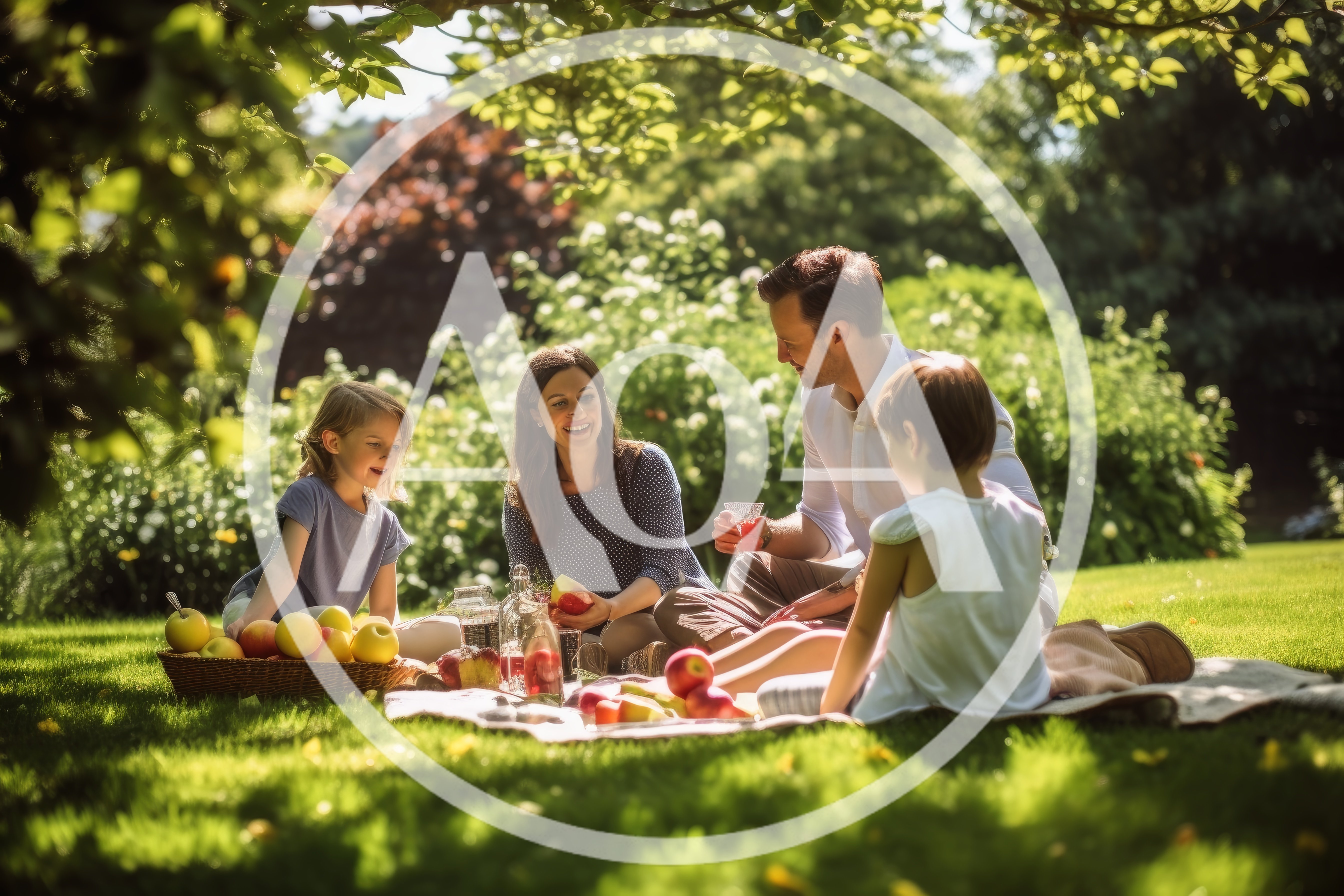 Family Enjoying A Sunny Picnic In A Lush Garden