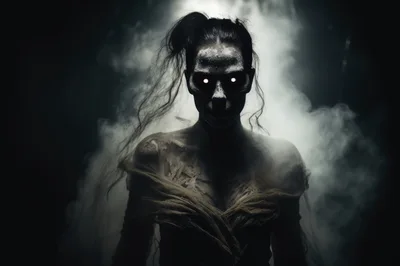 Eerie Ghostly Woman With Glowing Eyes In Fog