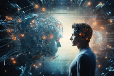 Human Man Facing Advanced Artificial Intelligence Robot Head