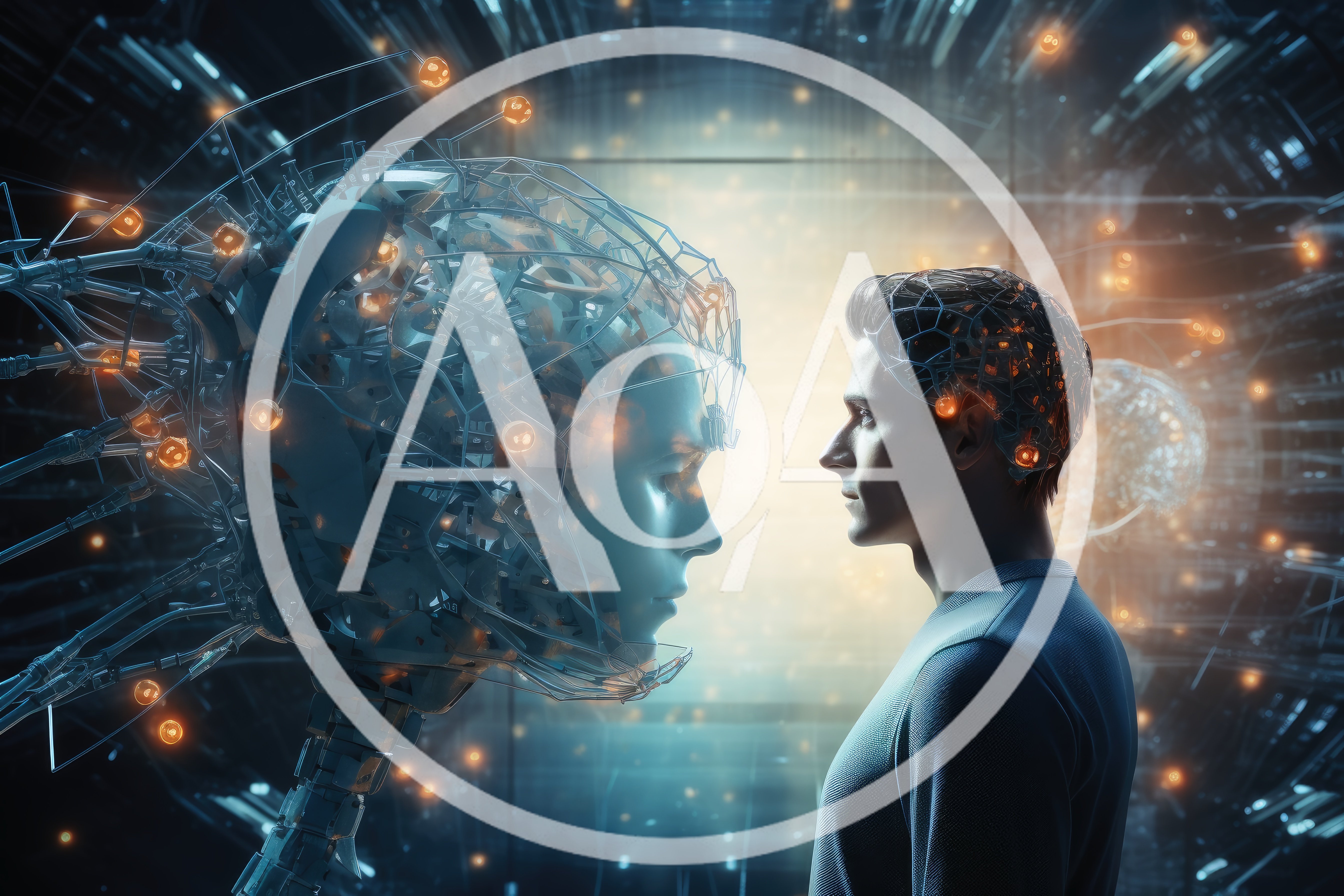 Human Man Facing Advanced Artificial Intelligence Robot Head