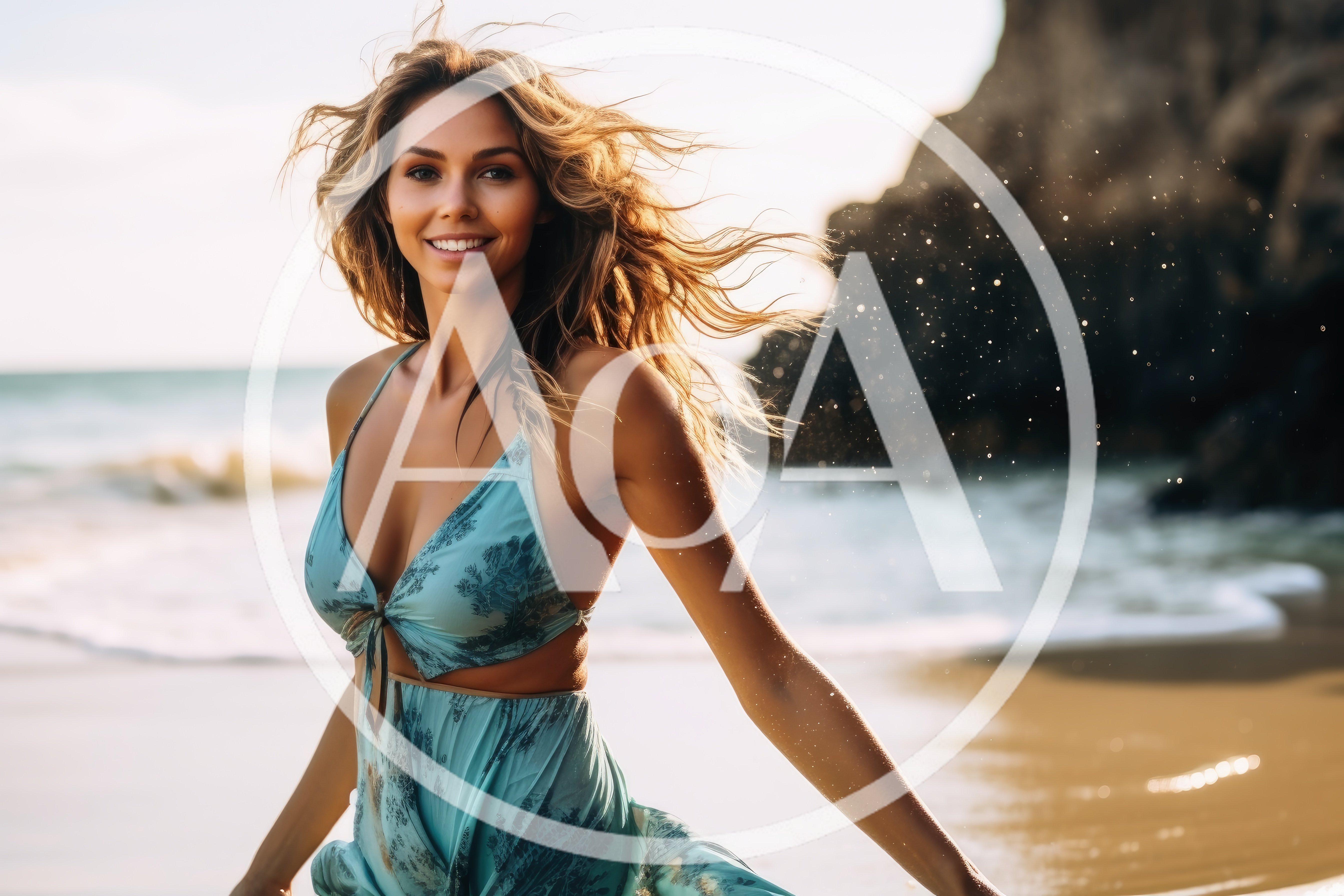 Smiling Woman Walking Along A Sunny Beach