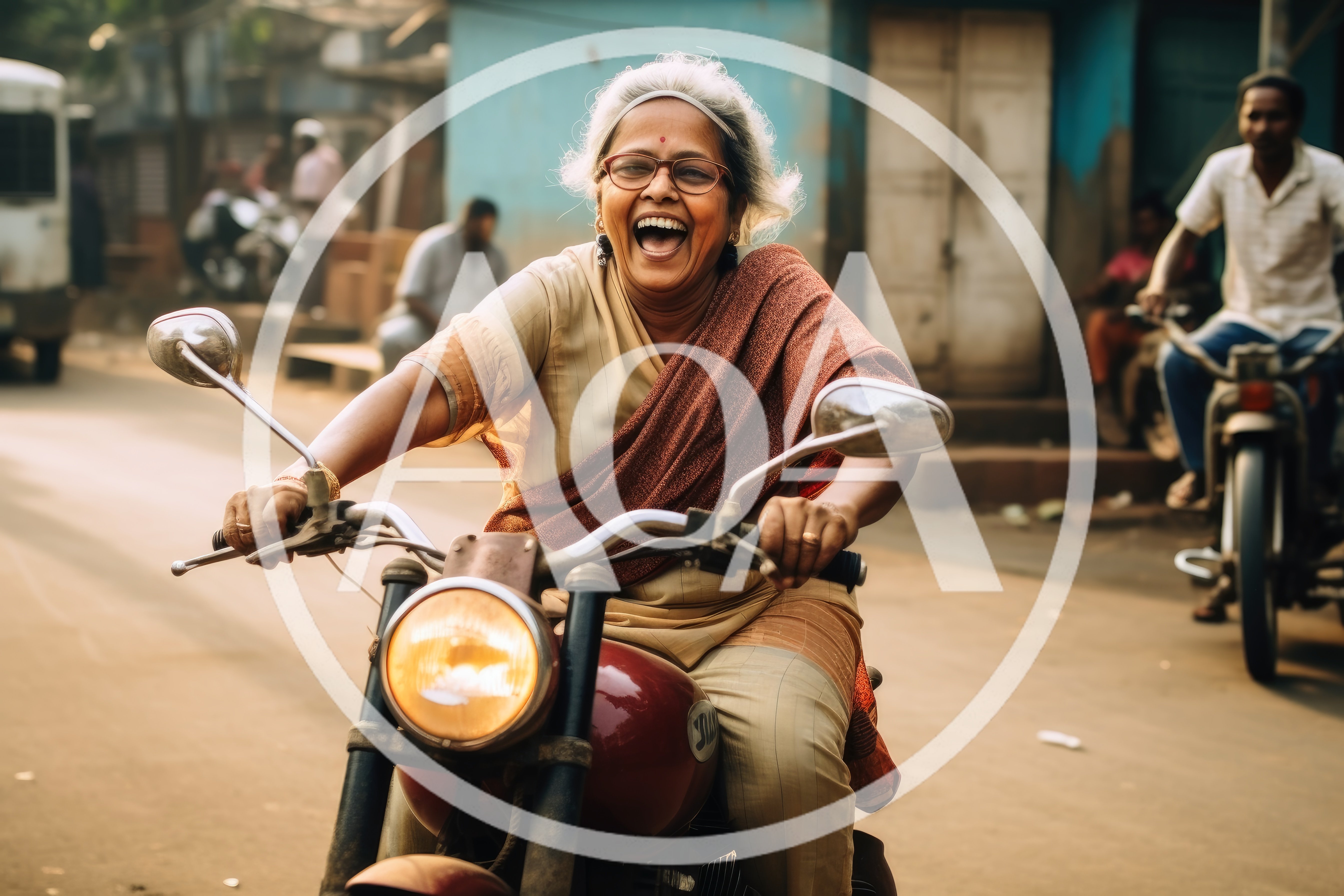 Joyful Elderly Indian Woman Riding A Motorcycle