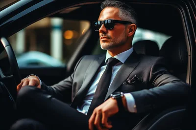 Sophisticated Businessman Sitting In Luxury Car Interior