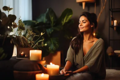Woman Meditating In A Cozy Candlelit Room