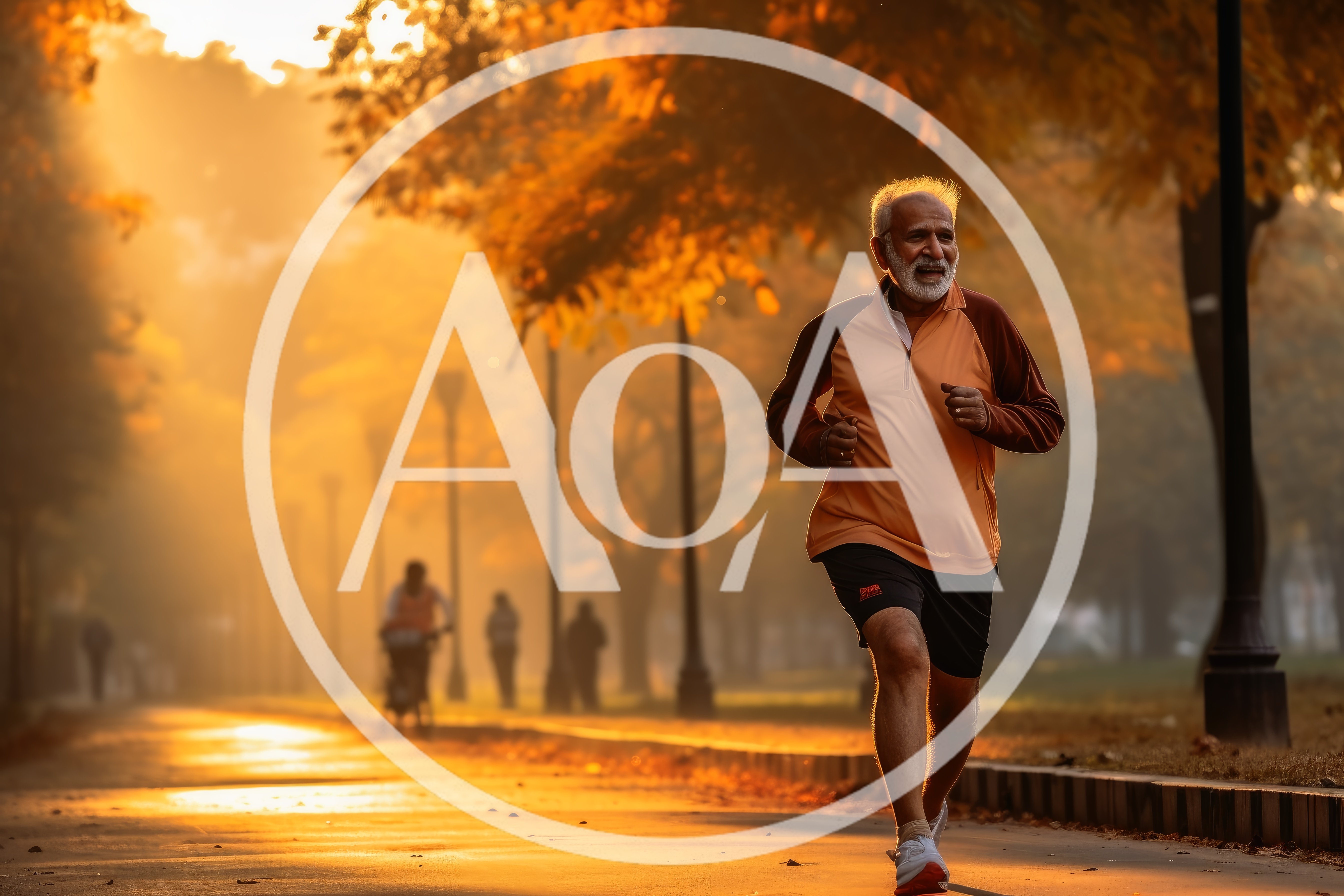 Senior Man Jogging in Park at Sunrise