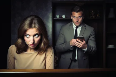 Suspicious Woman Looking Back at Man Using Smartphone