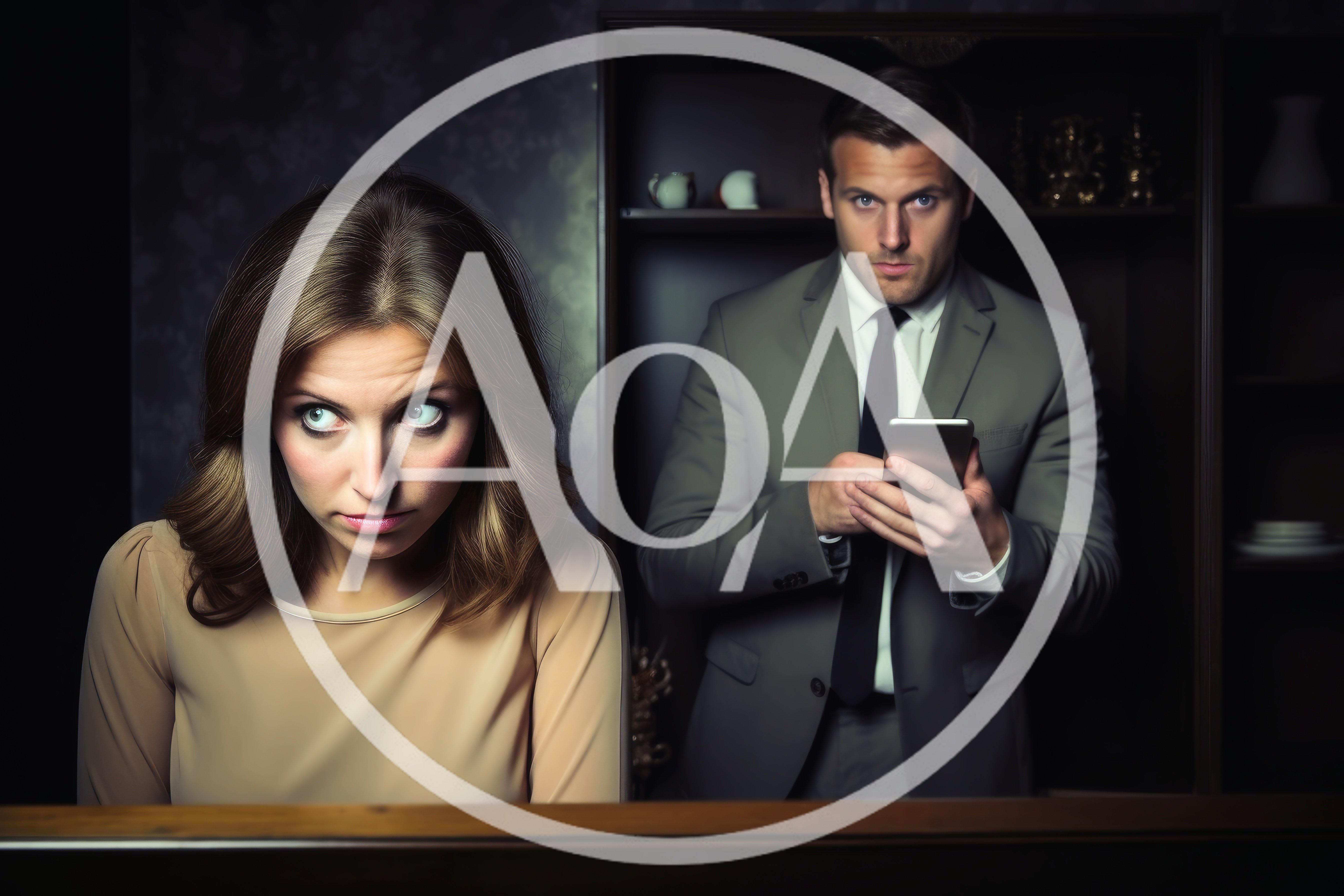 Suspicious Woman Looking Back at Man Using Smartphone