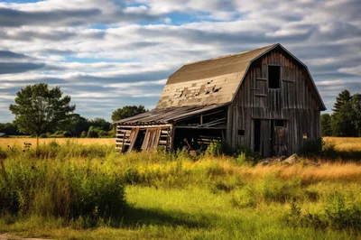 Dilapidated Wooden Barn In A Grassy Field
