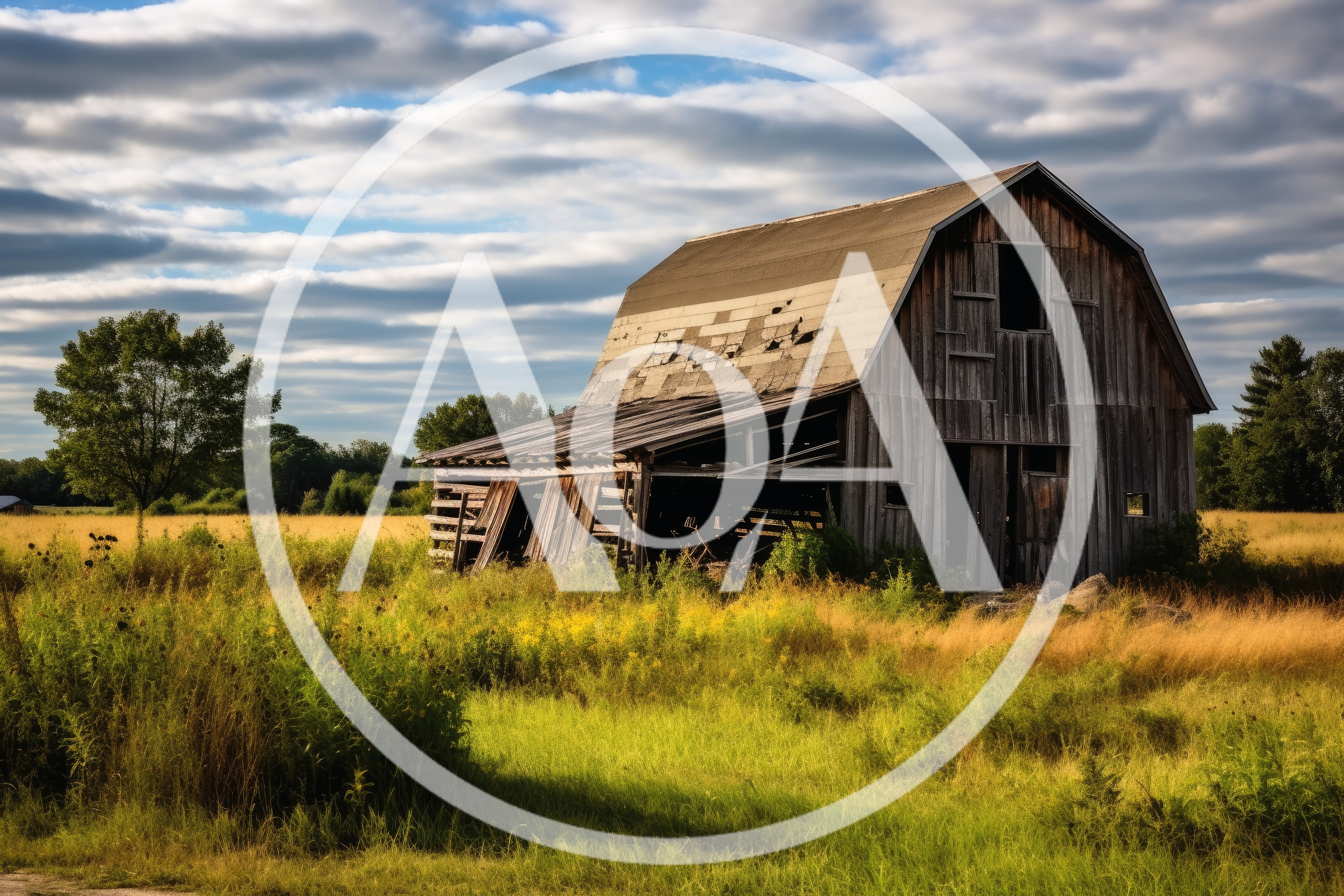 Dilapidated Wooden Barn In A Grassy Field