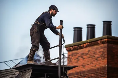 Chimney Sweep Working On A Rooftop