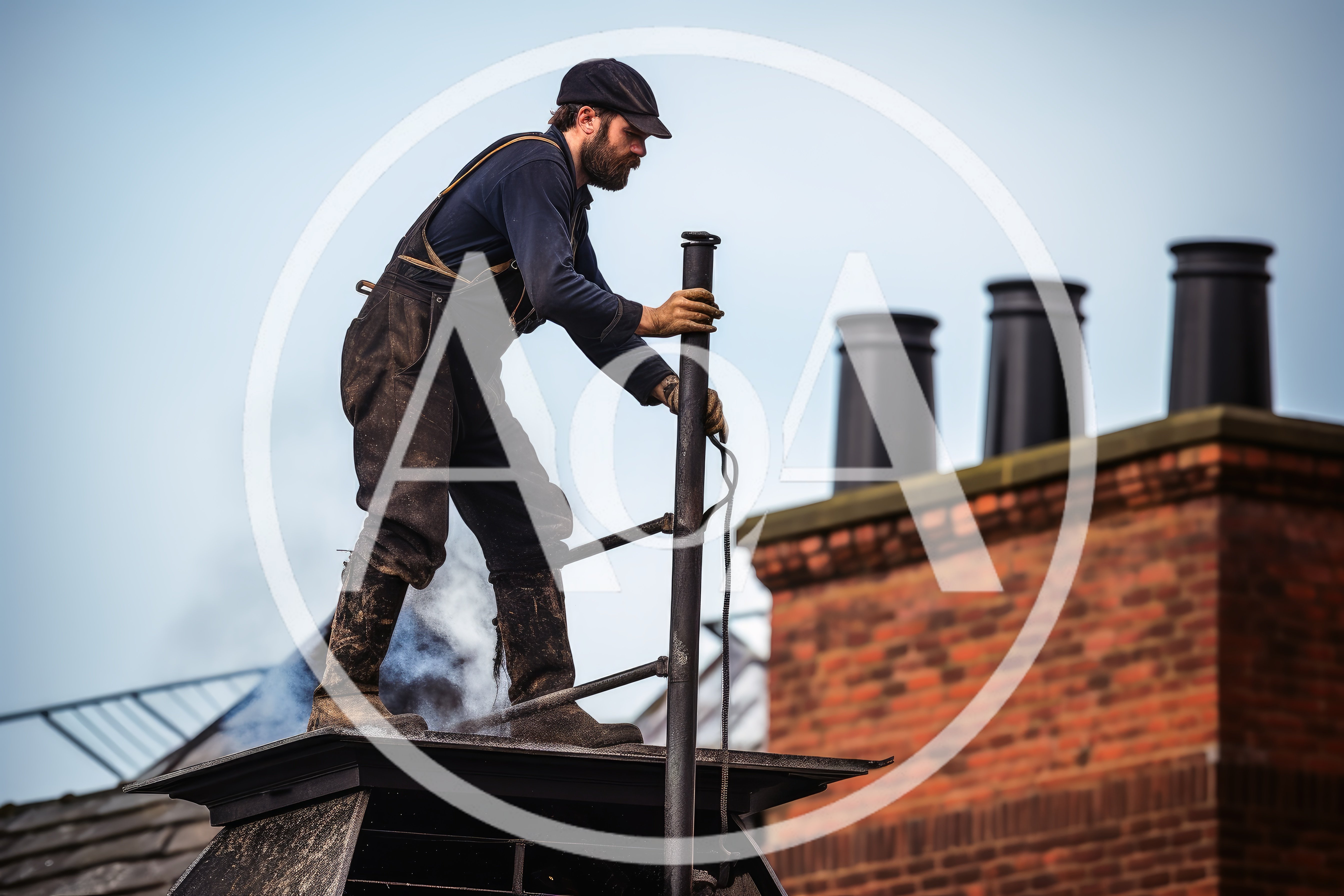 Chimney Sweep Working On A Rooftop