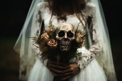 Gothic Bride Holding A Skull Floral Bouquet
