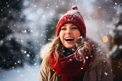 Happy Young Woman Laughing In Snowy Winter Weather