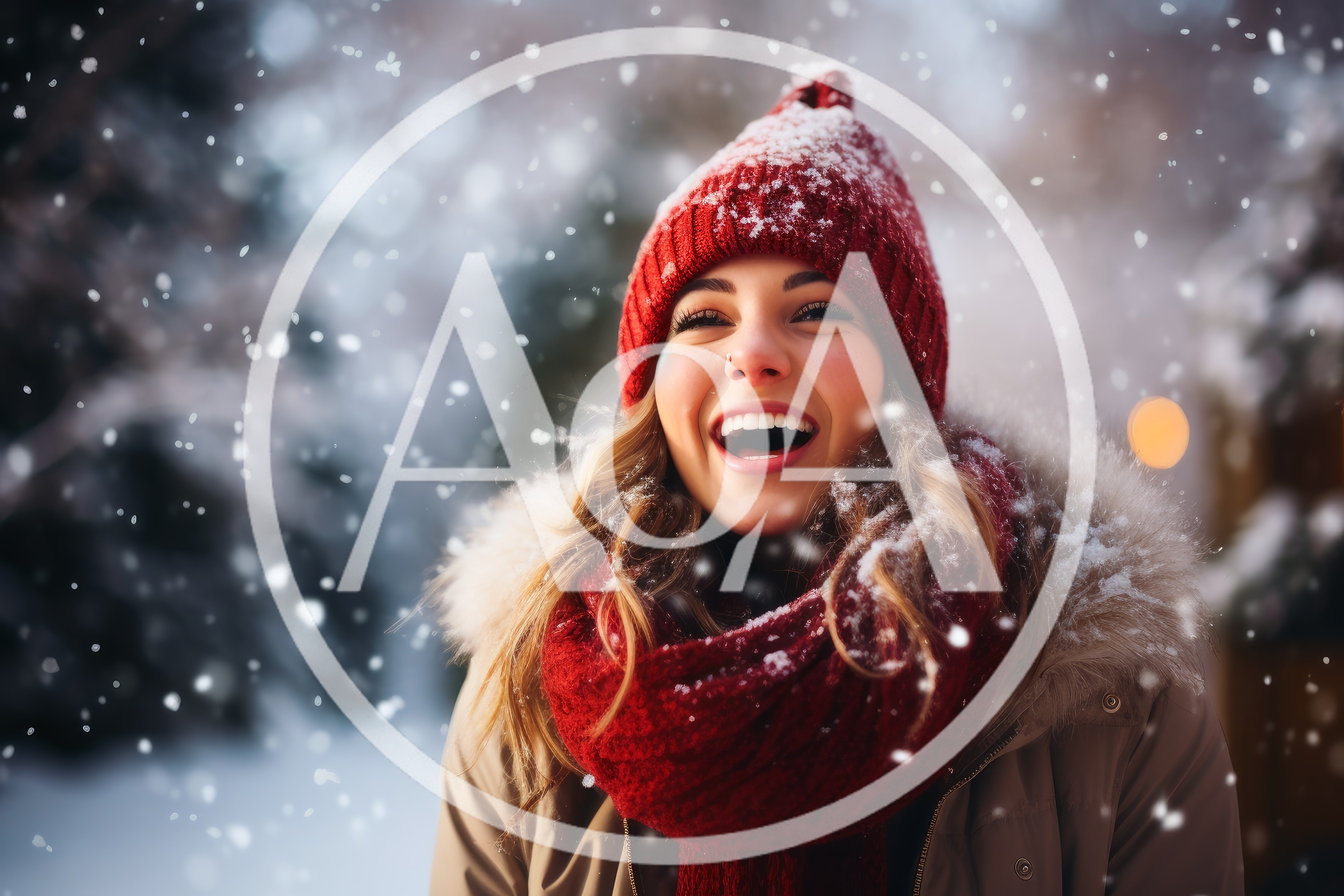 Happy Young Woman Laughing In Snowy Winter Weather