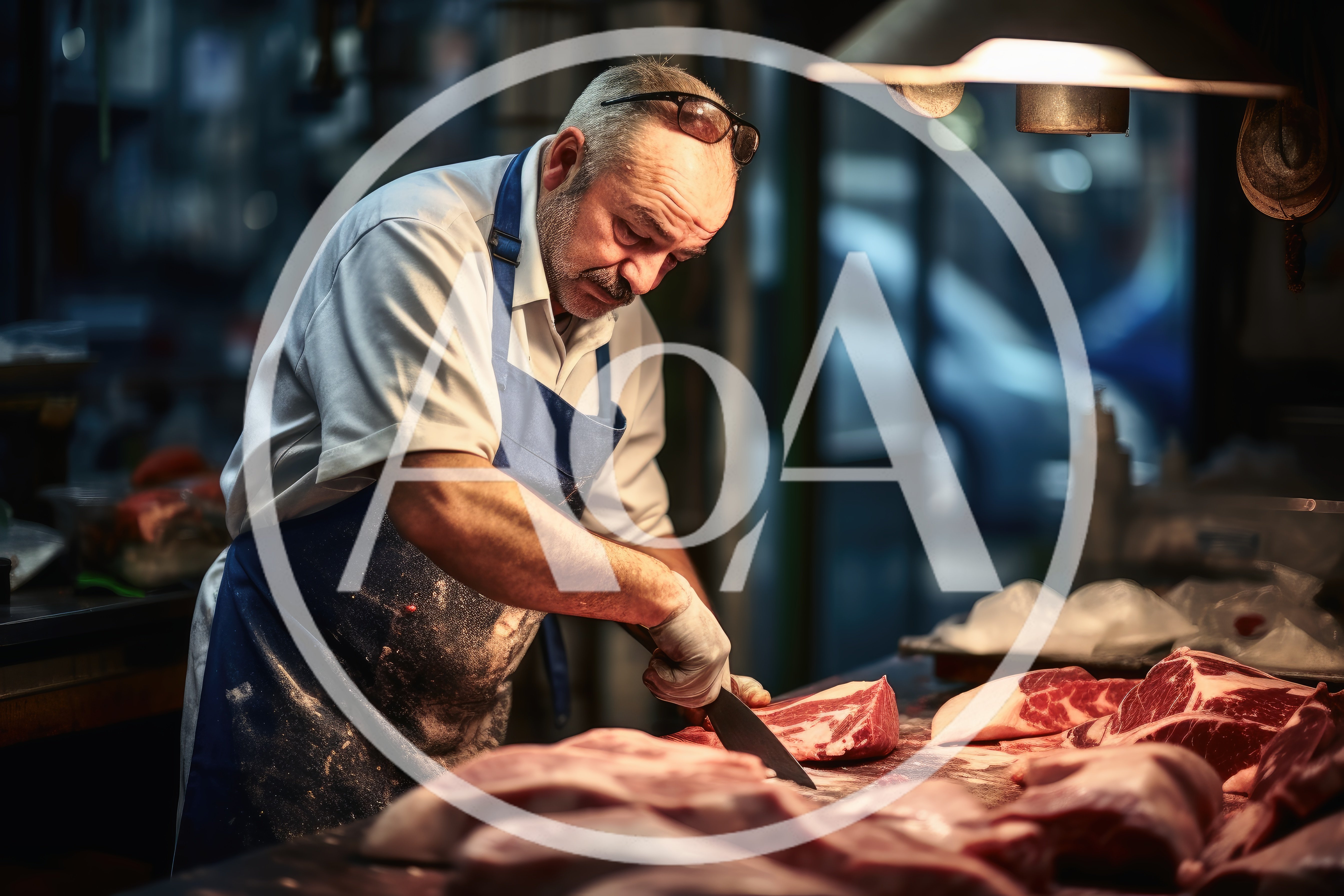 Professional Butcher Cutting Fresh Meat In A Shop
