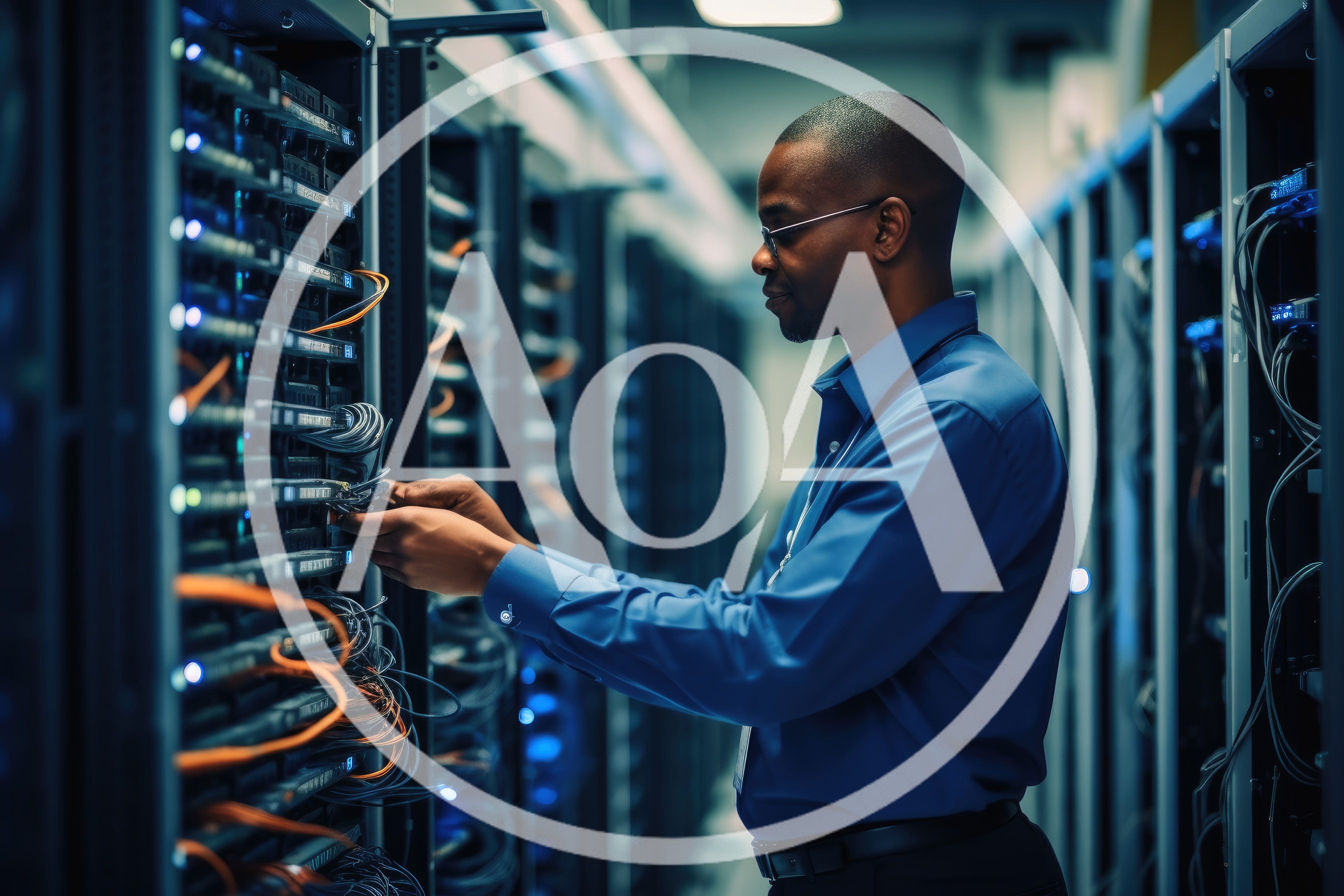 IT Technician Working on Server Rack in Data Center